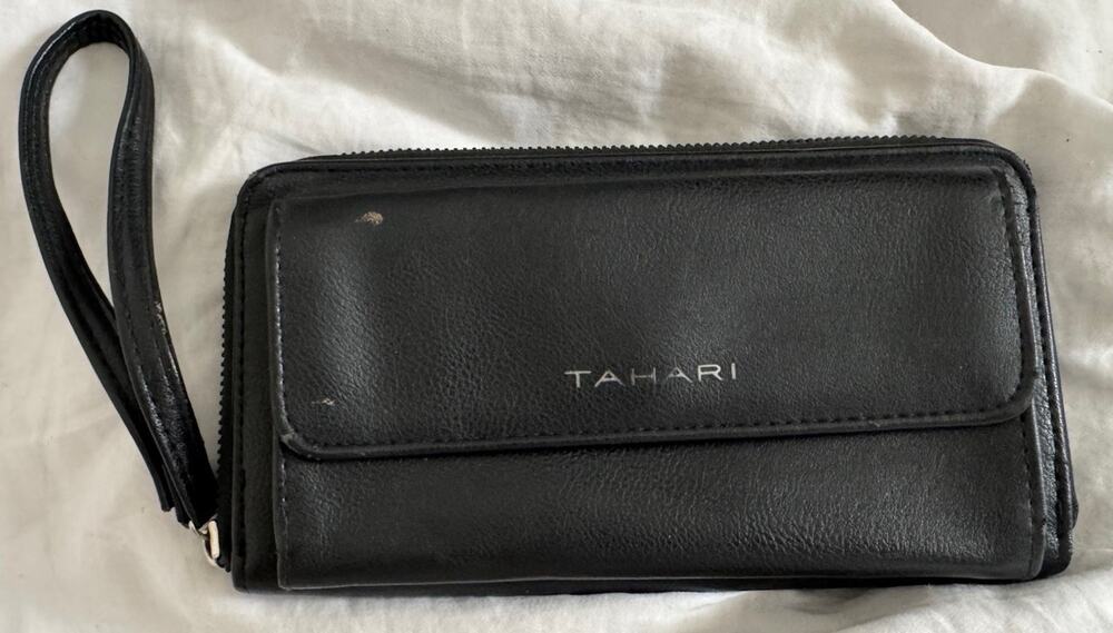 Tahari Black Faux Leather Zip Around Wallet Wristlet Organizer Phone Clutch EUC